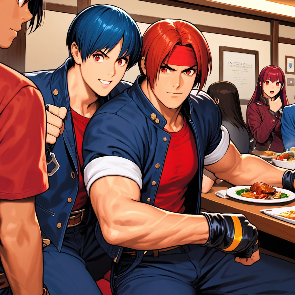 Orochikyo, Dark Skin,Red eyes,Ultramarine jacket, Fingerless gloves, Red T-shirt, Red headband, Ultramarine trousers, Red Shoes, Brown belt, good looking,indoor, charm, masterpiece, High resolution, Detailed face,fine grain, Confident surprised face,Dining with friends at a restaurant,speaking