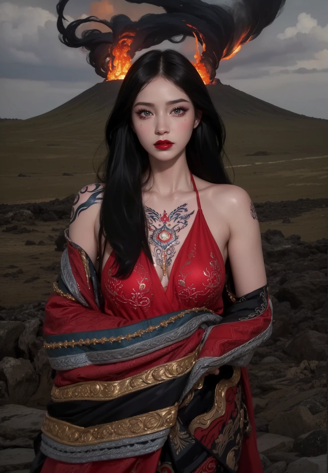 Royal princess，Extremely detailed, Delicate face, Stock Photography , Portrait 400, F1 Camera Lens.6, rich and colorful, Surrealism, Realistic textures, Dramatic Lighting, Thin Film Distiller 800 (8K, original photo, Better quality, masterpiece: 1.2), Extremely detailed, (Extremely delicate skin: 1.2), 8K ultra high definition, SLR camera, Soft Light, high quality.Fire Queen，Blue pupils，Wear red lipstick，Have a tattoo，The tattoo is very three-dimensional，Gorgeous and intricate tattoo designs，Dark eyeshadow，Sexy thick lips(Red lipstick)，a volcano erupts
