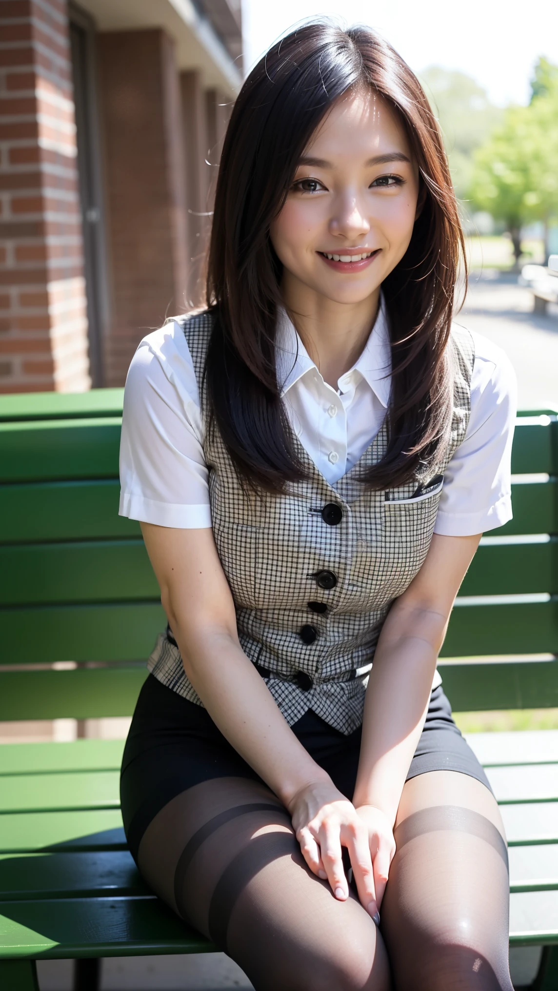 Uruchan-6500-v1.1, (RAW Photos:1.2), (Photorealistic), (Genuine:1.4), 2 Girls、Perfect Anatomy、Looking at the camera、(from the front)(Peace mark with both hands)Medium Long Hair、Grey pencil mini skirt、Plaid vest、((Sitting on a bench:1.3))、(White lace panties:1.2), (Bare legs and high heels)、(Business services)、(A very loving smile:1.2)、Low - Angle