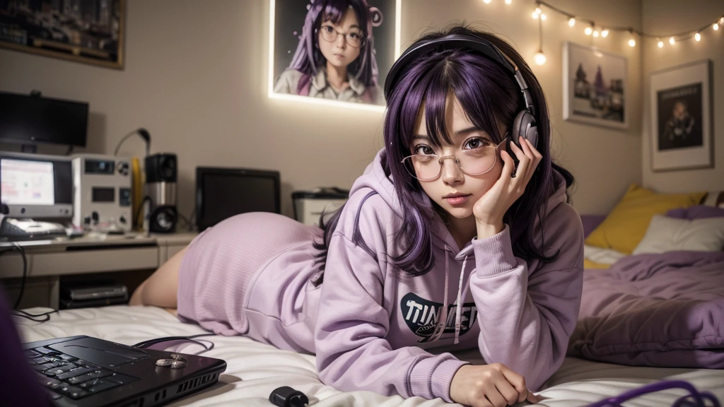 8k photo portrait of a stunning woman with aviator glasses with violet hair in a pastel hoodie wearing headphones, looking at the camera, sitting on her bed in her cozy messy big room with lots of string lights at night, Highly Detailed, studio ghibli, akira toriyama, james gilleard, genshin impact, trending pixiv fanbox, acrylic palette knife, 4k, vibrant colors, zoom out