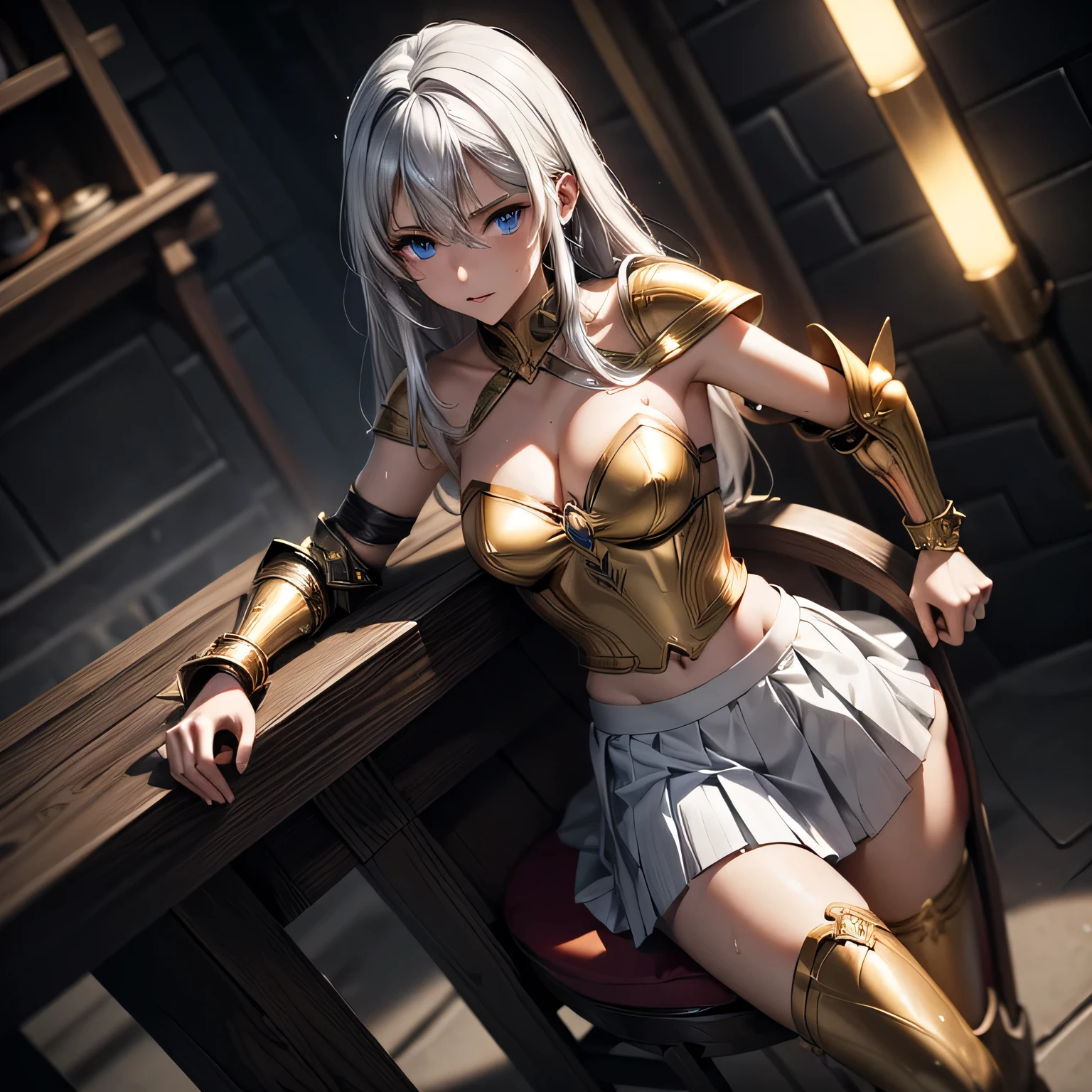 masterpiece, Highest quality, High resolution, 8K, Realistic, Very delicate and beautiful, super detailed skin, BREAK Yuko Aso, Phantom Warrior Valis, Anime girl in white dress, Zodiac Knight Girl, portrait Zodiac Knight Girl, Anime Goddess, rogue anime girl ayanami rei, BREAK 1 woman, 18 years old, perfect female body, perfect face, perfect eyes, beautiful woman, mature woman, BREAK (((flat chest))), slender body, BREAK Fantasy-style anime, BREAK (((((white pleated skirt))))), medium skirt, (((see-through pleated skirt))), wet clothes, (dripping), BREAK Roman warriors, Valkyrie Princess, BREAK , Golden Bikini, Bikini-like metal armored dress, crop top navel, strapless dress, bare shoulders, ((Cleavage)), bare back, bare arms, BREAK ((gold armor knee-high boots)), (gold metal high heel boots), ((thighhighs)), Gold metal armlet, Gold metal choker, Princess Blade, white side-tie panties, crotch seam BREAK from above, (((dutch angle shot))), focus only, close, sit on, ((((Metal chair)))), Girl doing bridge in gymnastics, turn your back to the distance, ((((arched back)))), (spread your legs, turn your arms behind your back), BREAK ultra-detailed face, beautiful face, (detailed eyes, dark blue eyes, fine eyes, long eye lasher), (arched eyebrows:0.05), BREAK dark blue hair, long hair, silky hair, shining hair, straight hair, ((forehead)),wet Hair, BREAK tired, parted lips, half open eyes, feeling weak, (wet face), breath, (((steam))), saliva, BREAK ((((oily skin)))), ((gleaming skin)), ((sweat skin)), ((wet skin)), fog skin, ((wet skin with sweat)), (((sweatdrop))), BREAK chain, shackles, bondage, torture, the dungeon, captivity, slave, BREAK (((inside))), ((((torture room))))), (((midnight))), (((spotlight))), BREAK Wallpaper Anime, Advanced Digital Animation Art”, 2. 5d cgi anime fantasy artwork, Anime Style 8k, dynamic angle