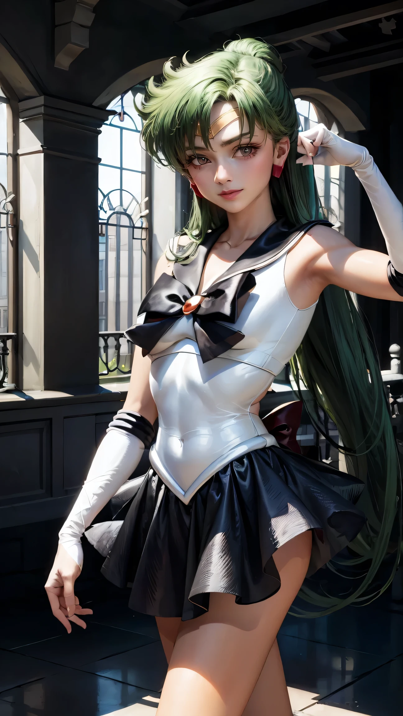 masterpiece, best quality, high resolution, 1 Girl, Solitary, Ponytail, Green Hair, (Elbow gloves), Headdress, Crimson bow, Tight top, (Black sailor collar), White gloves, earrings, Smile, Pure background, Clean background, White background, Black skirt, (Sailor Pluto), (Sailor Pluto), permanent, walk, Back, front, Looking at the camera, Dynamic poses. Leng Jun, White top, Elbow gloves, Black boots, Standing，shiny skin， on the floor