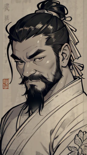 (((Monochrome)))、(((Ink Painting)))、Line art、Oriental、Ultra-high resolution、Game Poster、Crisp and beautiful image quality、beard、ancient chinese hairstyle male、Embroidered cloth wrapped around a topknot、whole body ,(Ancient Chinese armor, Dragon head on shoulder,(黒beard):1.2), (Ancient Chinese armor with intricate pattern:1.2), gloves, Long trousers, (Very detailed, bloom:1.5), (Highest quality, Concept Art, 4K), (analog:1.2), (high sharpness), (Detailed pupil:1.1), Detailed face and eyes, masterpiece, Highest quality,8k,  (Black Hair, Dynamic Short Hair), (PurerosFace_v1:0.2), [:(Detailed face:1.2):0.2], sharp, Realistic Shadow, 