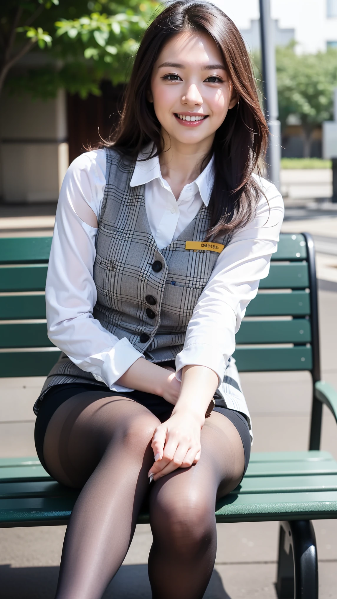 ulzzang-6500-v1.1, (RAW Photos:1.2), (Photorealistic), (Genuine:1.4), １girl、Perfect Anatomy、48 years old、Looking at the camera、Medium Long Hair、Plaid vest、((Sitting on a bench:1.3))、(Ultra-realistic pantyhose:1.2), (High heels)、(Business services)、(A very loving smile:1.2)、