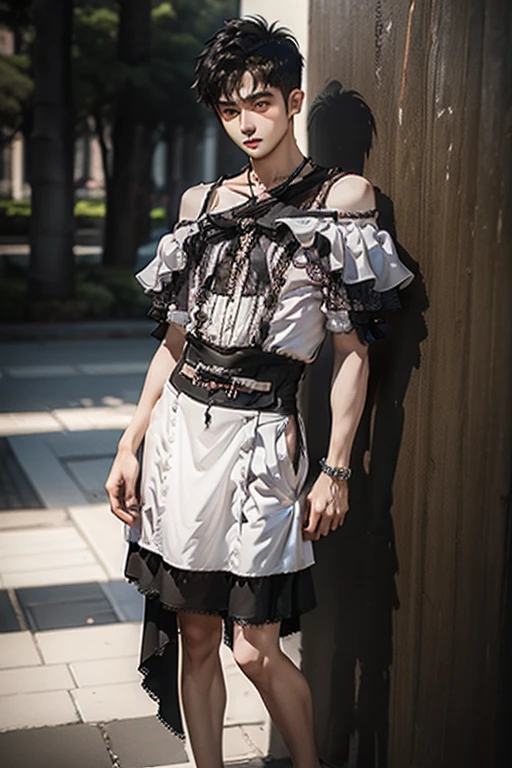 Young man wearing dress , very small spikey boyish haircut , hot man , full body, off shoulder, bamboo design 