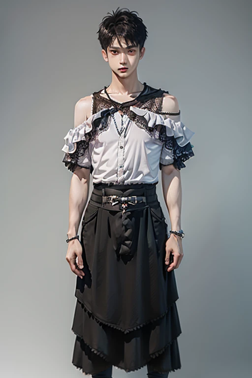 Young man wearing dress , very small spikey boyish haircut , hot man , full body, off shoulder, bamboo design