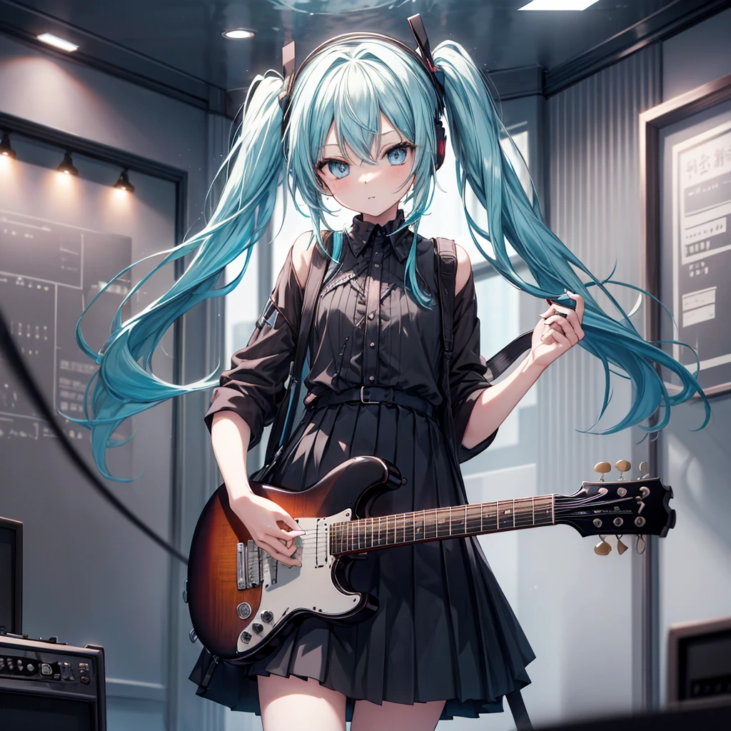 ((masterpiece, Highest quality))One girl, alone, Black Dress, blue eyes, electric guitar, guitar, Headphones, Double Ponytail, Holding, Holding plectrum, musical instrument, Long Hair, music, One side up, Turquoise Hair, Twin tails, guitarを弾く, Pleated skirt, Black Shirt, interior