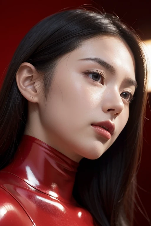 (RAW Photos:1.2)、Highest quality、Beautiful detailed girl、Tight red latex suit、Red latex bodysuit, Laughter、Highly detailed eyes and face、Beautiful and detailed、Large file size、High resolution、High resolution、More about 8k wallpaper、Highly detailed Ticker uniform 8K wallpaper、Light on the face、Cinema Lighting、-yeld giSexy pose、(Photorealism:1.4)、Consciousness upward、Surrealism、 From below、Super Detail、masterpiece