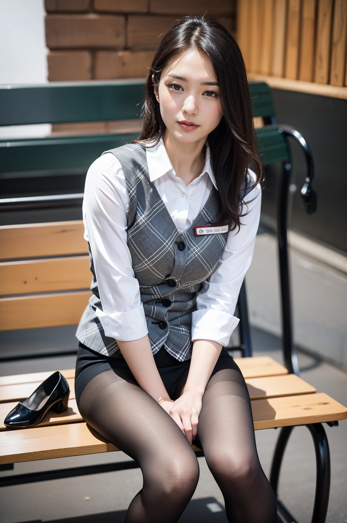 ulzzang-6500-v1.1, (RAW Photos:1.2), (Photorealistic), (Genuine:1.4), １girl、Perfect Anatomy、42 years old、Looking at the camera、Medium Long Hair、Plaid vest、((Sitting on a bench:1.3))、(Ultra-realistic pantyhose:1.2), (High heels)、(Business services)、