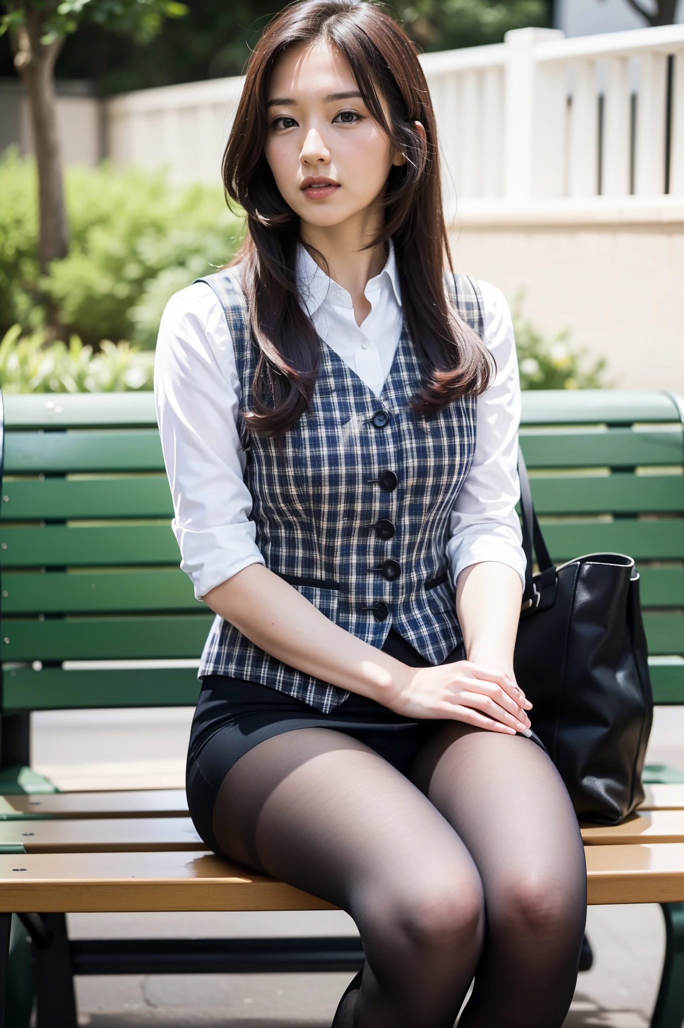 ulzzang-6500-v1.1, (RAW Photos:1.2), (Photorealistic), (Genuine:1.4), １girl、Perfect Anatomy、42 years old、Looking at the camera、Medium Long Hair、Plaid vest、((Sitting on a bench:1.3))、(Ultra-realistic pantyhose:1.2), (High heels)、(Business services)、