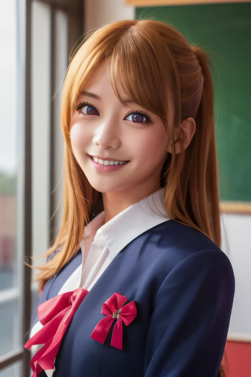 masterpiece, 8k wallpaper, Highest quality, One girl,Blonde,Blonde Hair,Pink Eyes,Hoshino Ruby,ruby hoshino, smile, blush,uniform,Long sleeve navy blue blazer,Red ribbon, White shirt,Close-up of face,classroom