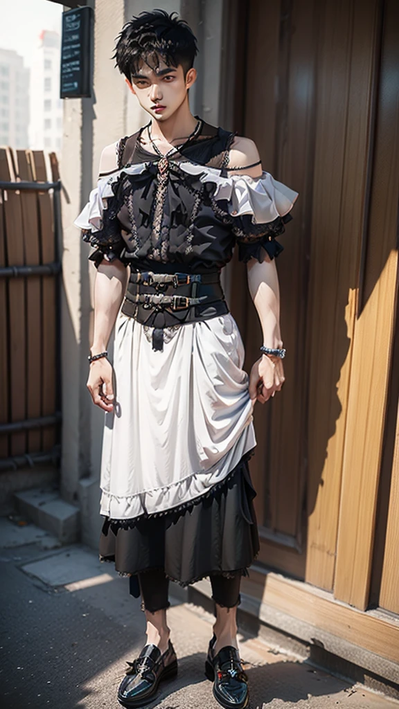 Young man wearing dress , very small spikey boyish haircut , hot man , full body, off shoulder, bamboo design 