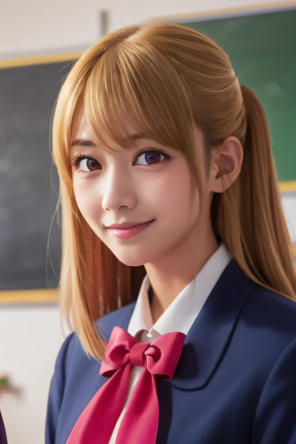 masterpiece, 8k wallpaper, Highest quality, One girl,Blonde,Blonde Hair,Pink Eyes,Hoshino Ruby,ruby hoshino, smile, blush,uniform,Long sleeve navy blue blazer,Red ribbon, White shirt,Close-up of face,classroom