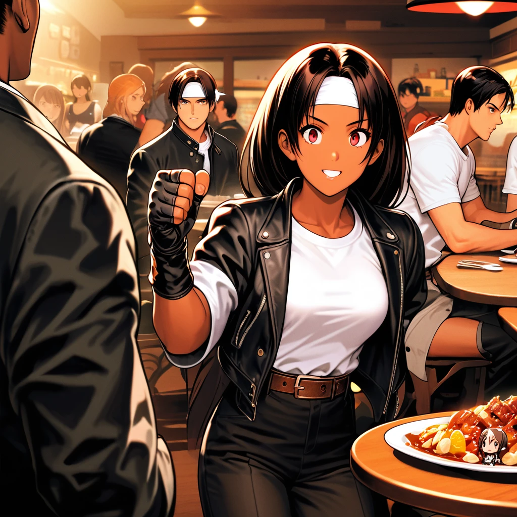 Orochikyo, Dark Skin,Red eyes,Black jacket, Fingerless gloves, White T-shirt, White headband, Black trousers, White shoes, Brown belt, good looking,indoor, charm, masterpiece, High resolution, Detailed face,fine grain, Confident surprised face,Dining with friends at a restaurant,speaking