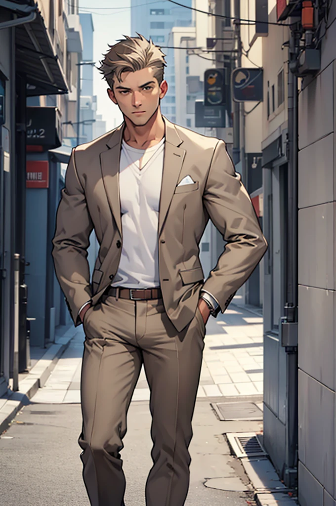 Drawing of a Young Chad, (Gray suit:1.3), Hands in pockets,(Brown short hair:1.3), Looking at the camera, male,White shirt