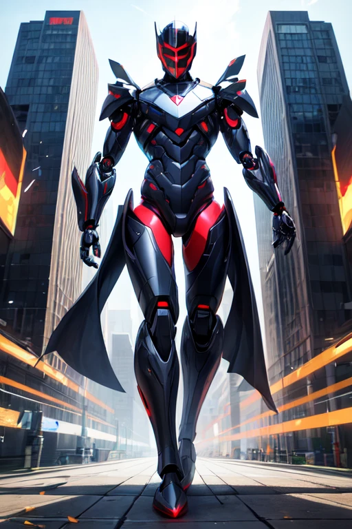 Wearing a black cowboy hat,Future Cyber Humanoid Technology Armor,Black is the main color,Red and silver as auxiliary,Magician appearance,Surrounded by cards,full-body shot,Strike a pose,man,With masked helmet,In a high-rise building
