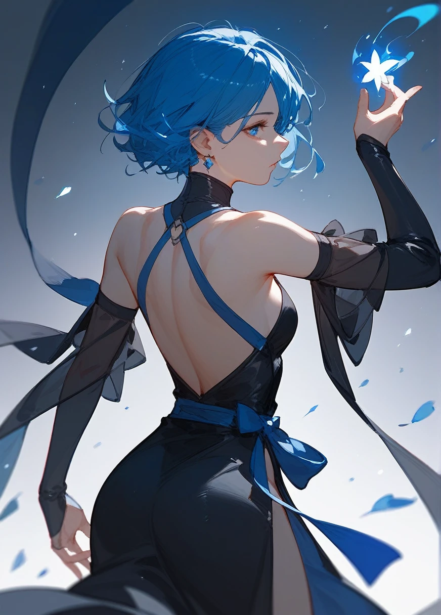 one man 、blue hair 、stand with back 、magic world 、white magic、 black dress 、undercover 、Worth discovering.