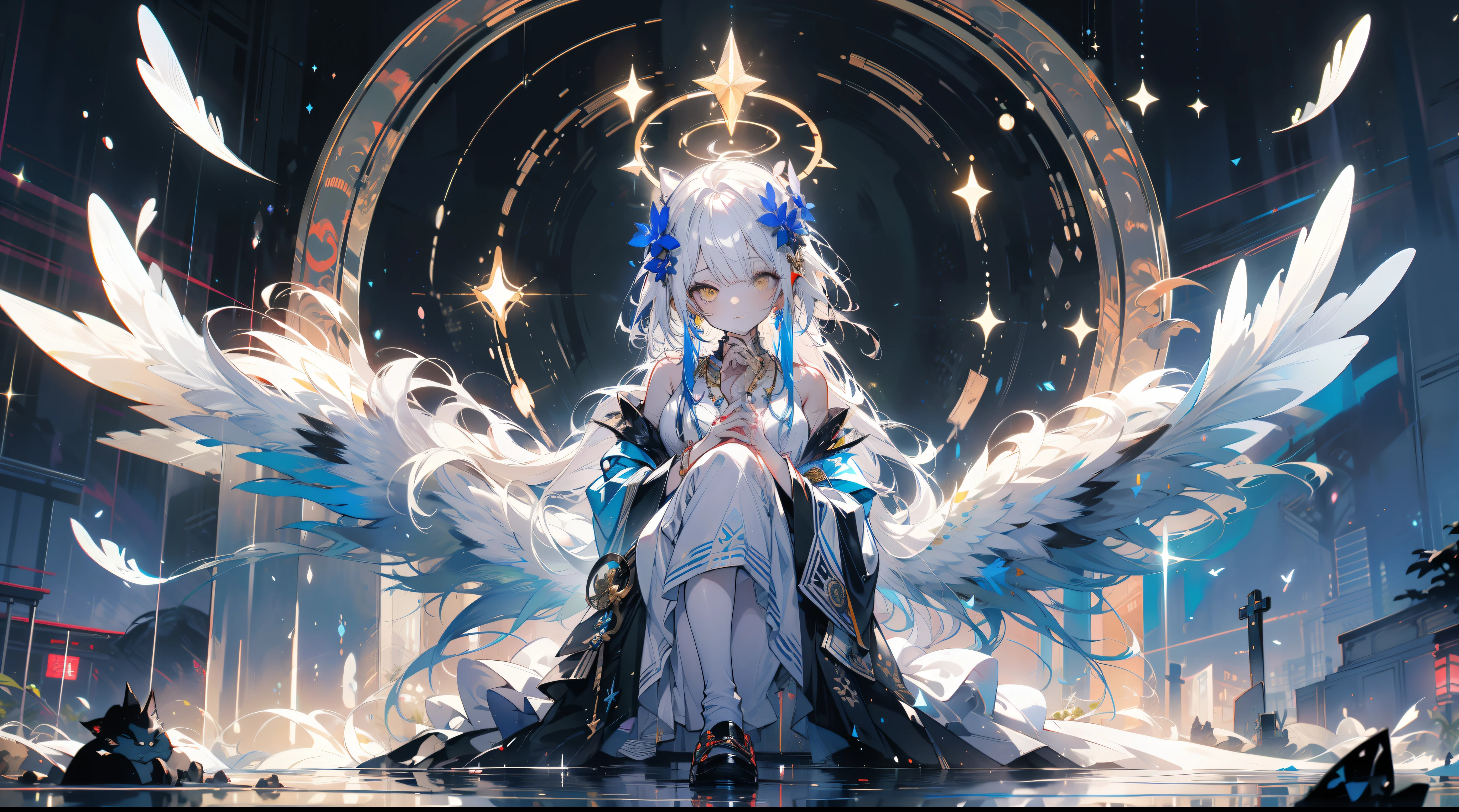 (((tmasterpiece))), (((best qualtiy)))), offcial art, the Extremely Detailed CG Unity 8K Wallpapers, ((sketching))), the night, Sateen, Beautiful detailed sky, beautiful detailed water, GameCG, hugefilesize, sketching, solo, girl,angelicales, long whitr hair, whaite hair, Wet hair, hair between eye, Hair behind the ears, white colored eyelashes, beatiful detailed eyes, expressionless eyes, yellow eyes, half closed eyes, shoe, The halo, cross necklace, looking-down, sitted, Hold your legs, blown hair, Feather ornaments, leaf hair ornament, ln the forest, by lake, ((flatchest))), (((White robe))), longer sleeves, bandagens, White eye patch, elvish ears, (((Golden Wings))),fenghuang,Phoenix wings,holy rays