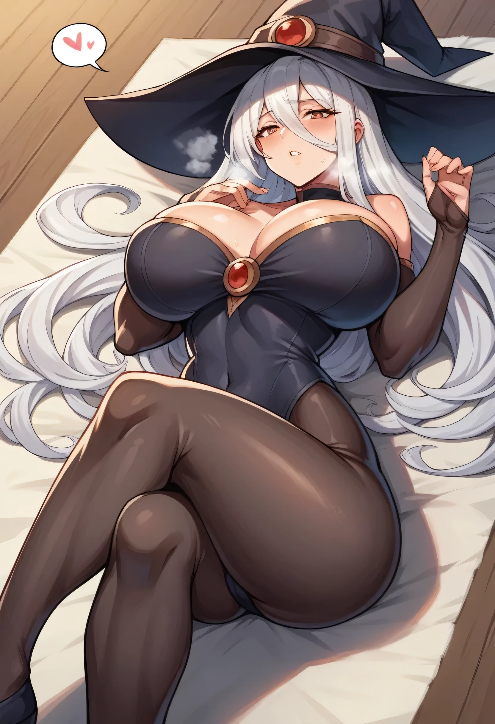 score_9, score_8_up, score_7_up, score_6_up, score_5_up, score_4_up,1girl, high_res, high_quality, masterpiece, giant breasts, thighs, Female, witch, tight clothes, tight skin, long hair,big witch hat, thick thigs, hentai character, horny, visible breath, steamy breath, spoken heart, looking at the camera, crossed legs, jewelry, white hair, laying down, breasts against the floor , sensual, large ass,