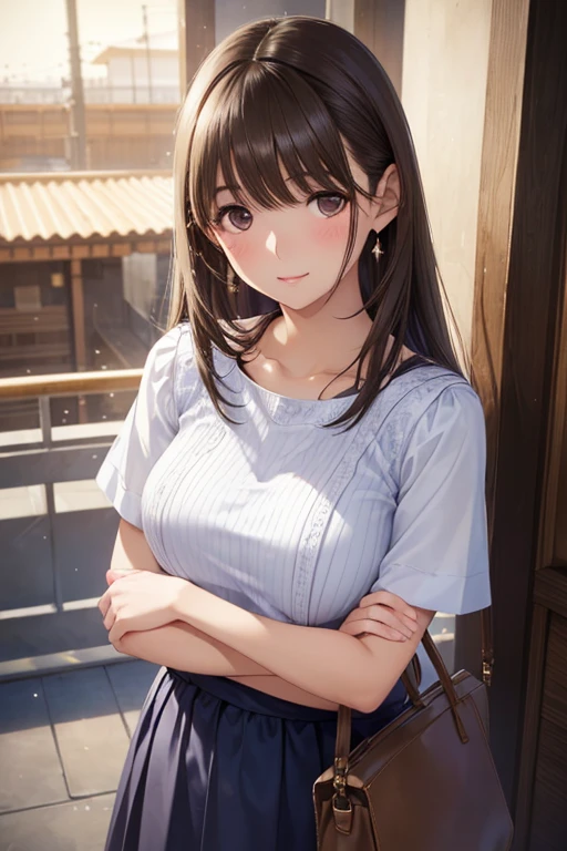 anegasaki nene、Shiny brown hair, Shoulder-length hair、 (Beautiful brown eyes、Sparkling eyes, Fine grain)、smile、Ultra-detailed eyes、Very detailed顔, Very detailed目,

Cowboy Shot、
(One girl:1.3), (Realistic:1.4), (masterpiece, Highest quality, Highest quality, Official Art), Very detailed, Most detailed, (Very detailed), ((Very delicate and beautiful)), Cinematic Light,  Contemporary, 
Silky Hair, (Brown Hair), 
She is standing at the station, At night, 
White short sleeve ribbed knit, Long skirt, 
Upper Body, From above, 
shy, blush, (Recall:1.4)