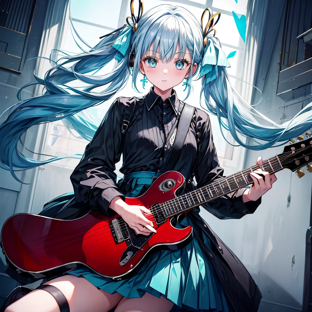 ((masterpiece, Highest quality))One girl, alone, Black Dress, blue eyes, electric guitar, guitar, Headphones, Double Ponytail, Holding, Holding plectrum, musical instrument, Long Hair, music, One side up, Turquoise Hair, Twin tails, guitarを弾く, Pleated skirt, Black Shirt, interior