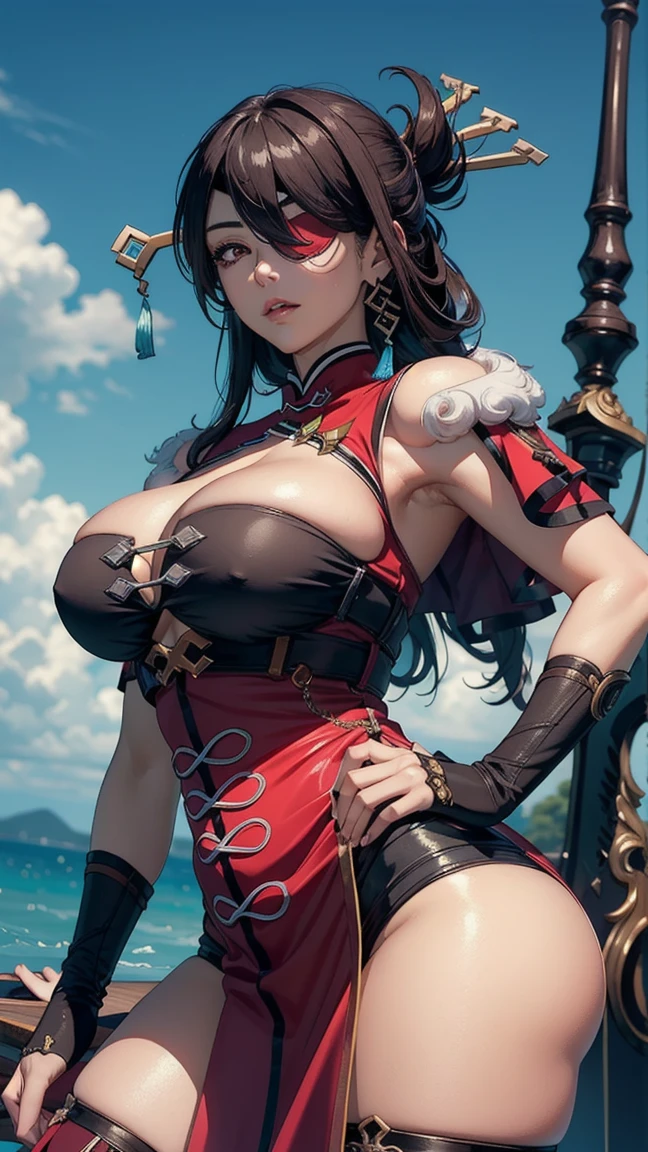 ((masterpiece)),(bestquality),((ultra-detailed)), (beautiful detailed face), depth of field,detailed,((beautiful detailed eyes)), big breast, (wielding a greatsword), beidoudef, eye patch, body 3:4, in a pirate boat.