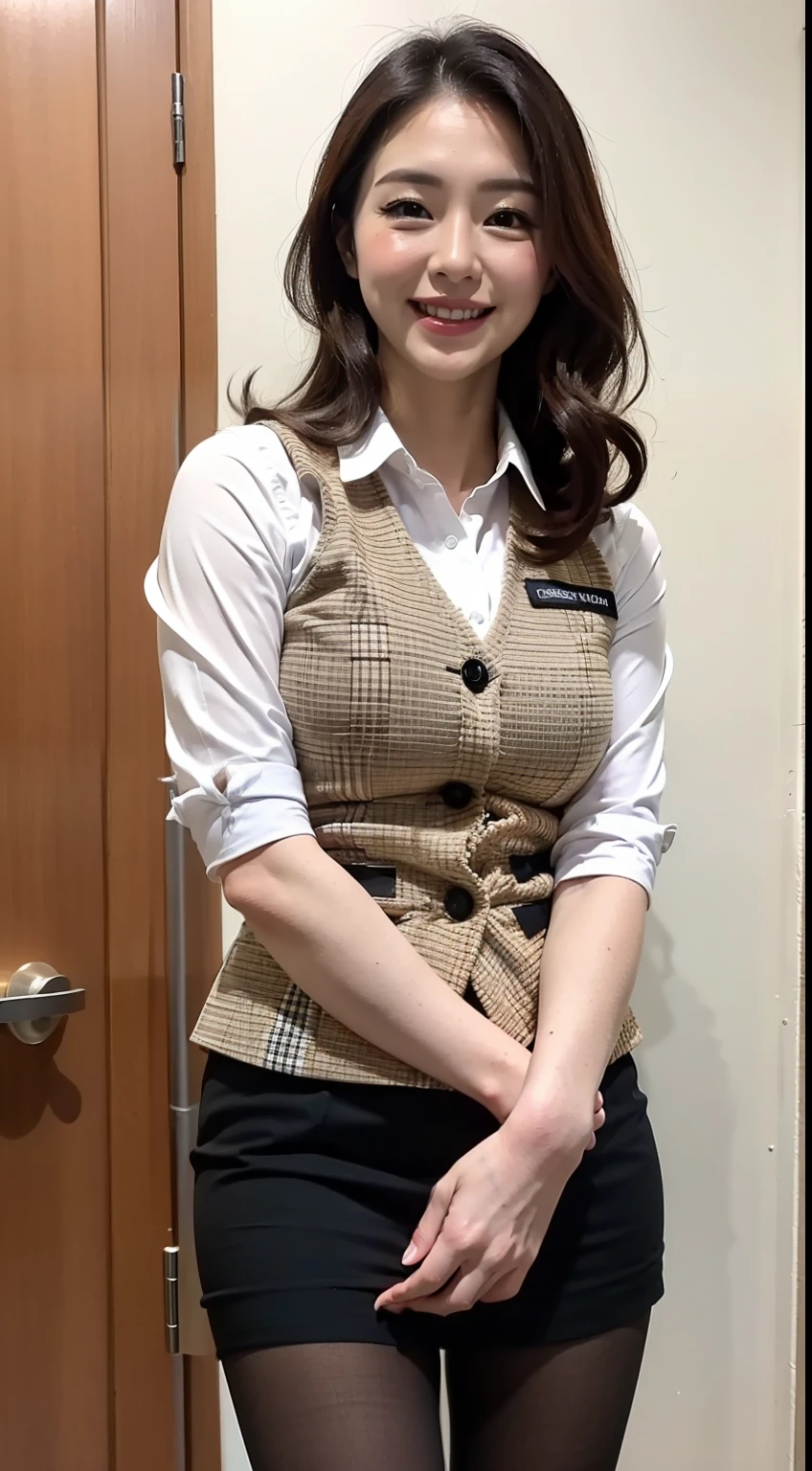 ulzzang-6500-v1.1, (RAW Photos:1.2), (Photorealistic), (Genuine:1.4), 1With a girl、Very cute girl、21 years old、 ダークブラウンのeye(eye), A shy smile、Plaid vest、Skirt and thighs、I am working、(Ultra-realistic pantyhose:1.2), Curly Hair、Realistic skin texture、Glowing Skin、Exposed thighs!!! , Compensate、eye shadow、
