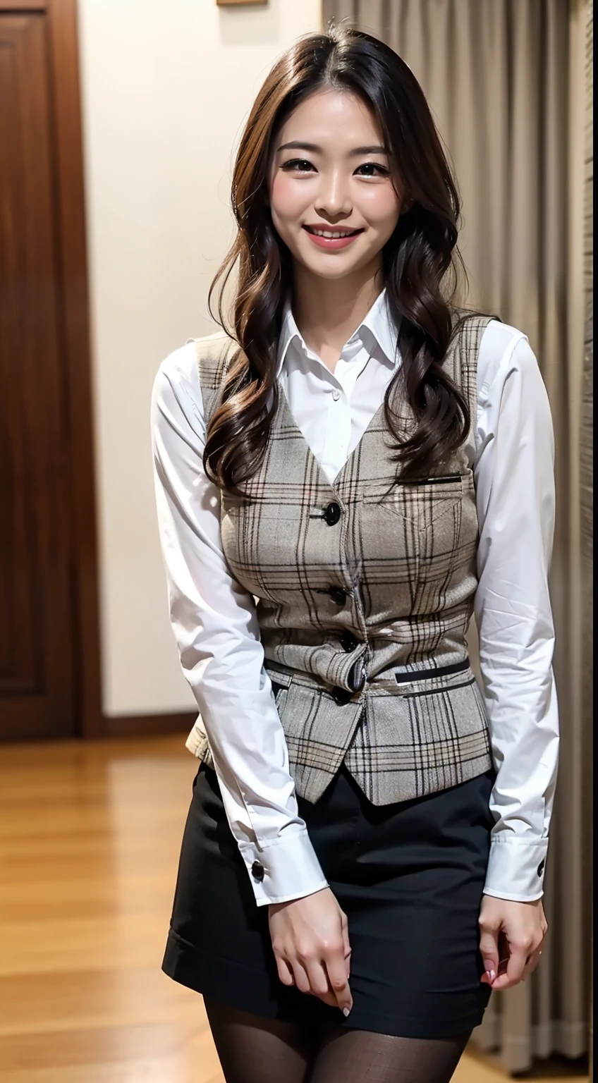 ulzzang-6500-v1.1, (RAW Photos:1.2), (Photorealistic), (Genuine:1.4), 1With a girl、Very cute girl、21 years old、 ダークブラウンのeye(eye), A shy smile、Plaid vest、Skirt and thighs、I am working、(Ultra-realistic pantyhose:1.2), Curly Hair、Realistic skin texture、Glowing Skin、Exposed thighs!!! , Compensate、eye shadow、