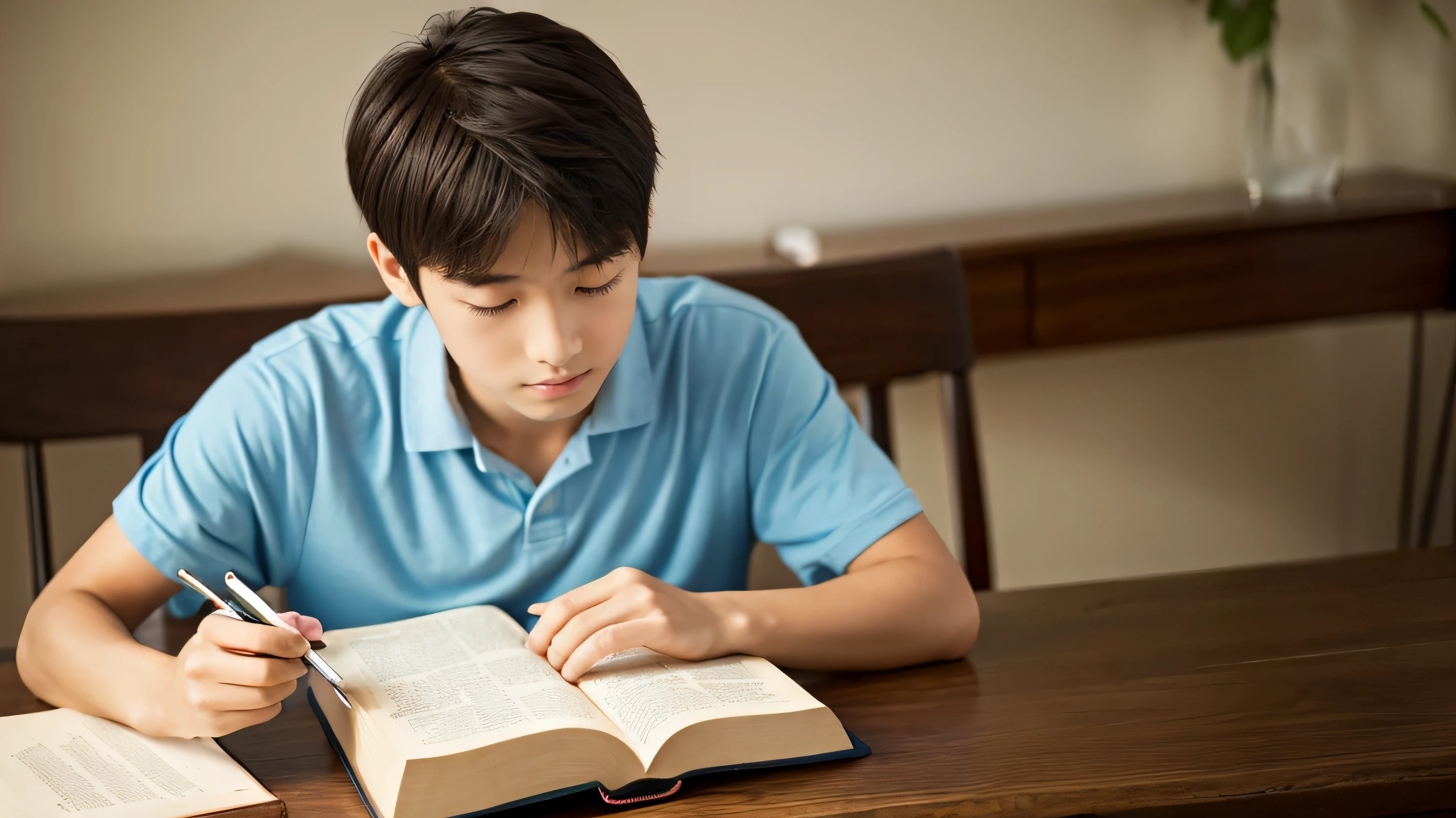 A young man sitting in a chair studying the Bible、Study、high resolution
