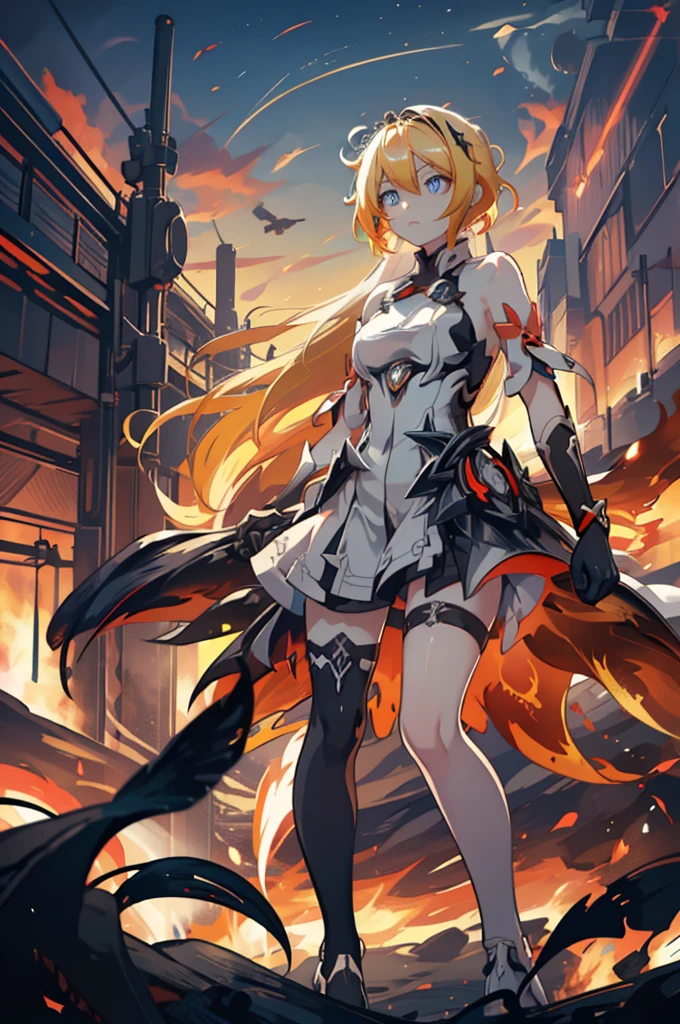 1 girl, Kiana Herrscher of the Flamescion fighting with the power of endless flames. She stands in the midst of a decisive battle, her bright blonde hair blowing in the wind, her blue eyes filled with endless determination. Her hand tightly grasped the sword of light, once fighting to control the surrounding firepower She became more brilliant and scary than ever