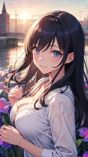 Morning glory flower をテーマにしたアートワーク, ((Highest quality)), High resolution, 8k, Cinematic Light, High Contrast, Written boundary depth、smile、sharp、beautiful, Strong brilliance, Detailed Background, One Girl, cute, fine grain, Shining Eyes, Detailed Iris、 Morning sunlight、Fresh breeze、Large Breasts、Long black hair