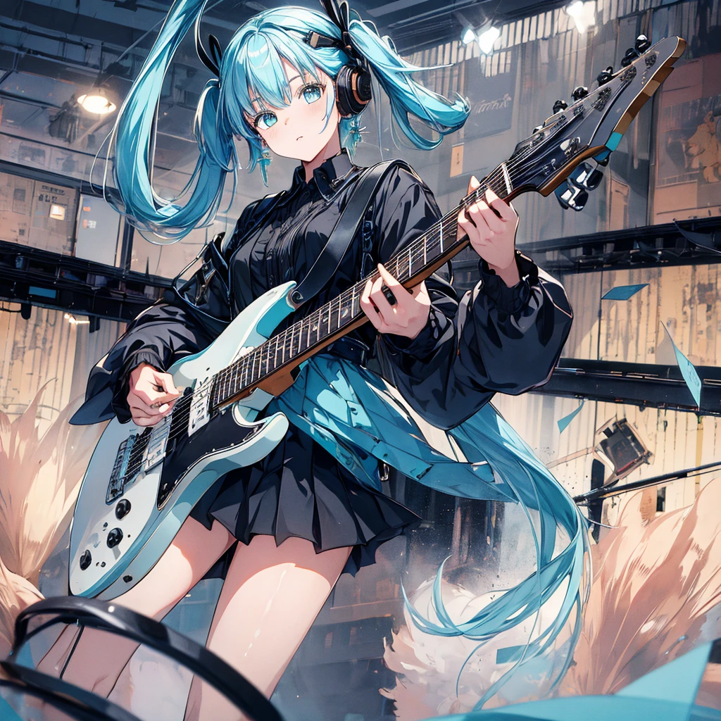 ((masterpiece, Highest quality))One girl, alone, Black Dress, blue eyes, electric guitar, guitar, Headphones, Double Ponytail, Holding, Holding plectrum, musical instrument, Long Hair, music, One side up, Turquoise Hair, Twin tails, guitarを弾く, Pleated skirt, Black Shirt, interior