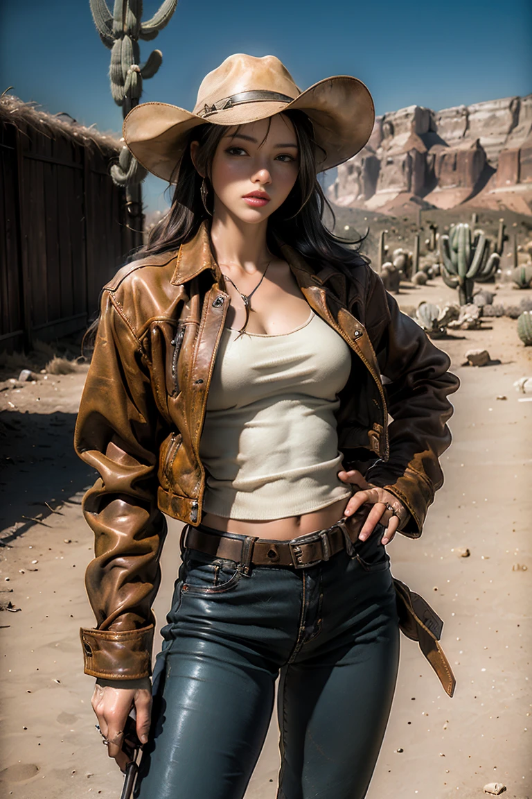 masterpiece, highest quality, Highest image quality, High resolution, photo realistic, Raw photo, dynamic photo ( cowboy, hat, leather jacket, guns on hand, shooting gun, bullets, boots, western life, outdoor, cactus, Desert)