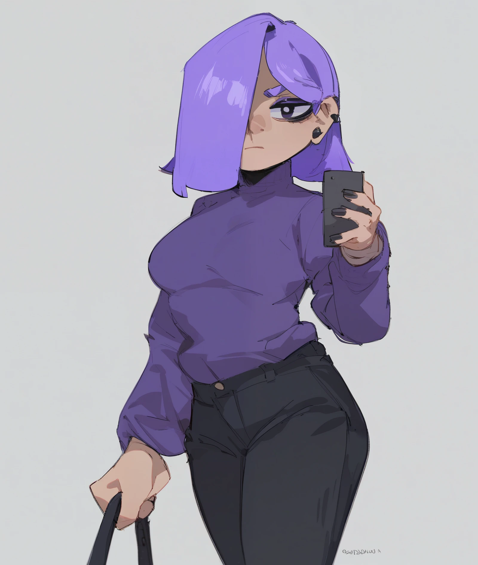 score_9, 1girl, female, (solo), standing, lily duolingo, purple hair, hair over one eye, sweater, pants, flat colors,
