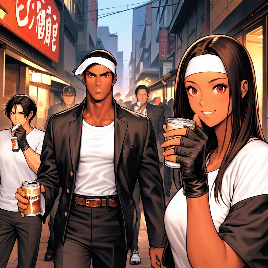 Orochikyo, Dark Skin,Red eyes,Black jacket, Fingerless gloves, White T-shirt, White headband, Black trousers, White shoes, Brown belt, good looking,Outdoor, charm, masterpiece, High resolution, Detailed face,fine grain, A confident smile,Talking with friends at Tsutenkaku in Osaka,While drinking canned coffee