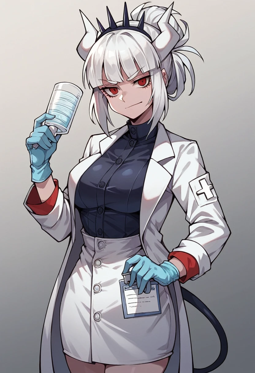 1girl, lucifer \(helltaker\), ((blue medical gloves)), ((surgical gloves)), ((latex gloves)), ((long sleeves)), looking at viewer, ((white doctor outfit)), standing, solo