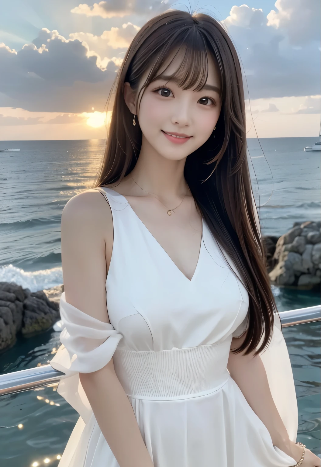 masterpiece、Highest quality、whole body、One Girl、bangs、Japanese、黒髪のLong Hair、Long Hair、Staring at the audience、dress、white、smile、solo、sofa、Fashionable women、Pastel colored outfits、Pause、front、Ocean、Sunset、Luxury background elements、Confident expression、Sandalodern and trendy、Focused on fashion