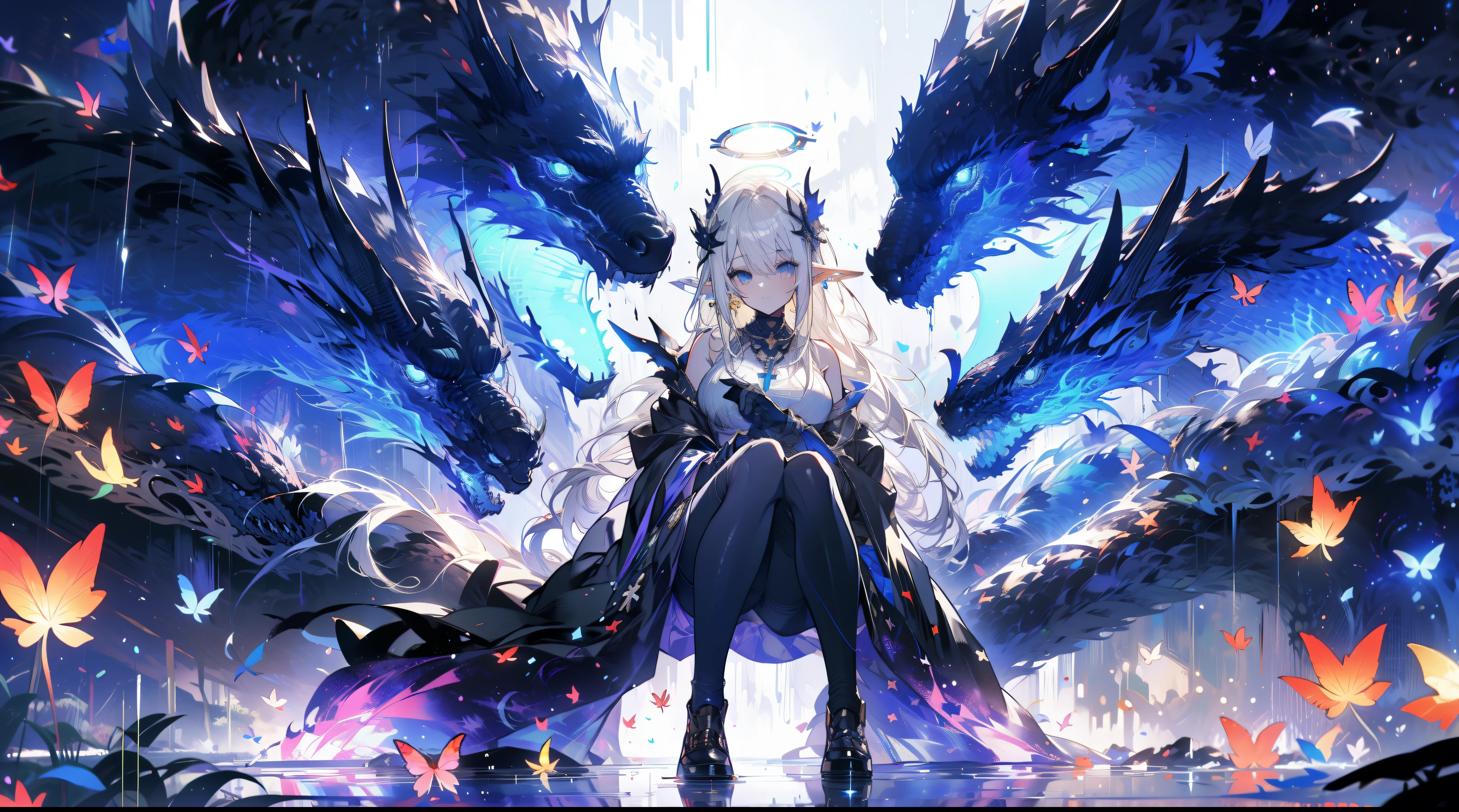 (((masterpiece))), (((best quality)))), official art, Extremely detailed CG unified 8k wallpaper, ((sketch))), night, rain, beautiful detailed sky, galactic,starry sky background,beautiful and delicate water, Game CG, Huge file size, sketch, Report, angelic, long gray hair, combed blonde hair, wet hair, hair between eyes, hair behind ears, Carefree eyes and white eyelashes, yellow eyes, half closed eyes, footwear, halo, Cross necklace, look down, sitting, Hold the long leather hair, leaf hair accessories, in the forest, lakeside, ((Big breasts))), ((( White robe))), long sleeve dynamo, White eye mask, Elf ears and golden wings are more yellow