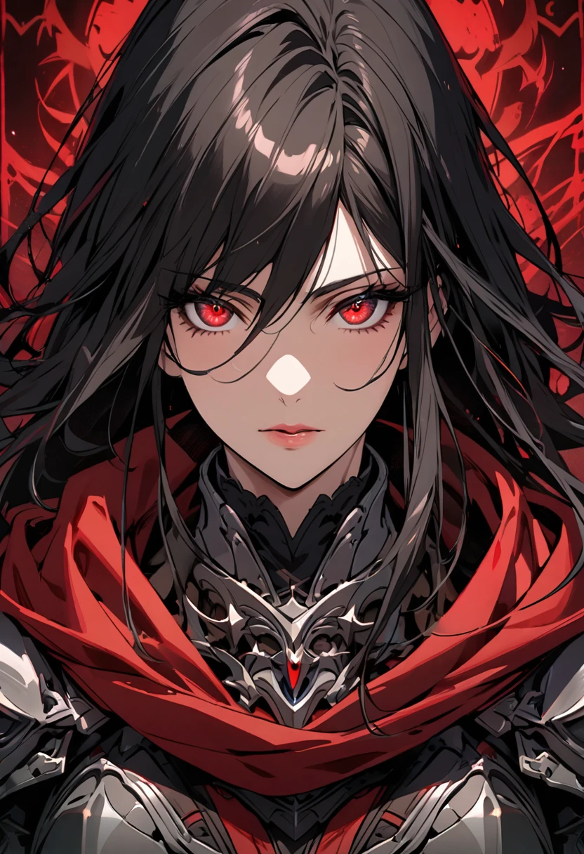 Girl, long hair, pretty, beautiful, main face, font face, red eyes, grey armor , black hair, beautiful detailed eyes, detailed hair, adult, mature, cool, red cloak,