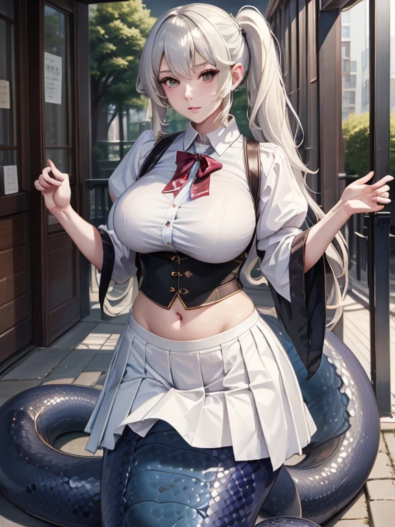 High detail、masterpiece、Perfect single tail、One girl, Lamia, scale, White shirt,Short pleated skirt at waist、 whole body, Outdoor,mega twintails