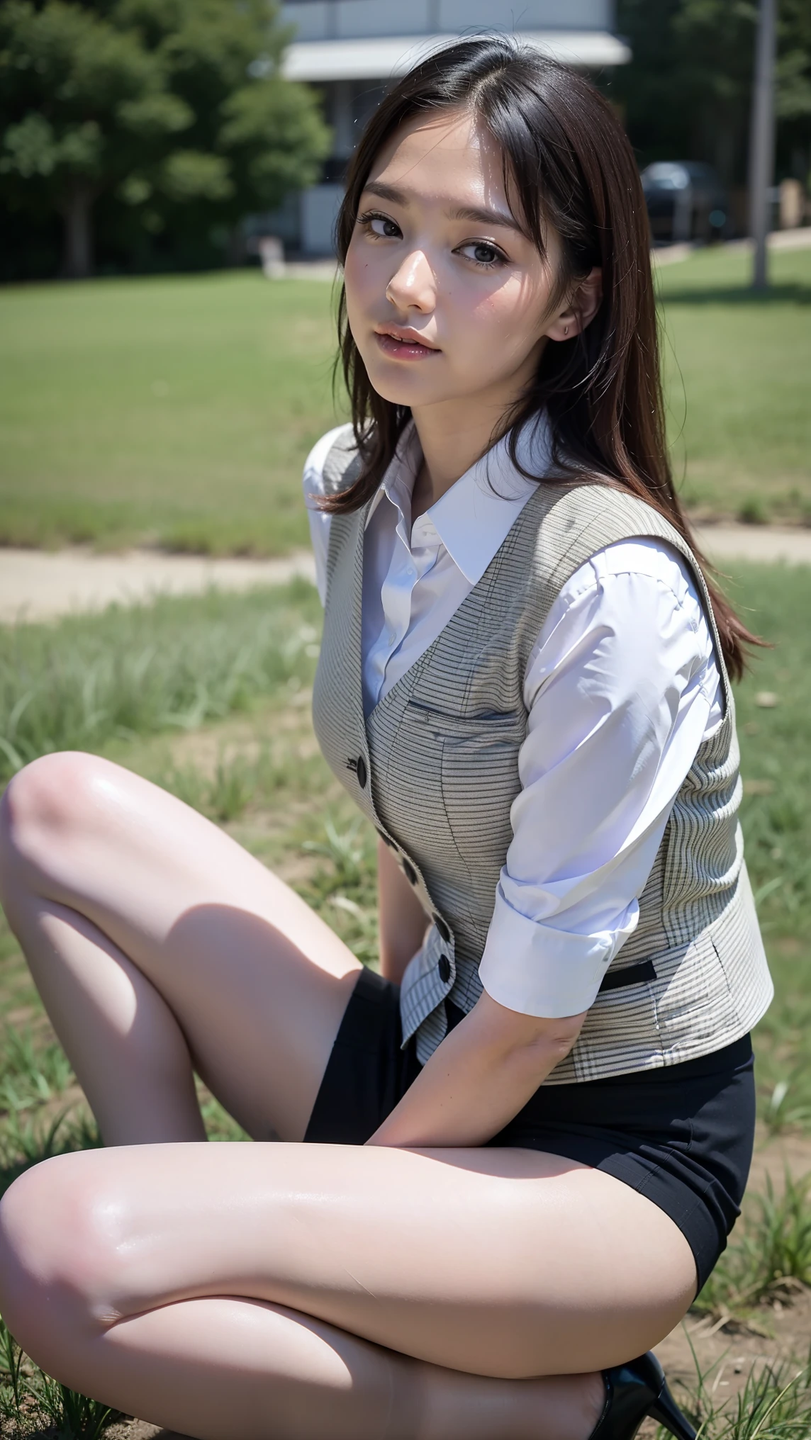 ulzzang-6500-v1.1, (RAW Photos:1.2), (Photorealistic), (Genuine:1.4), 1girl、Perfect Anatomy、48 years old、Looking at the camera、Medium Long Hair、Plaid vest、((Sitting on the grass:1.0))、(Ultra-realistic pantyhose:1.2), (High heels)、(Business services)、skirtlift