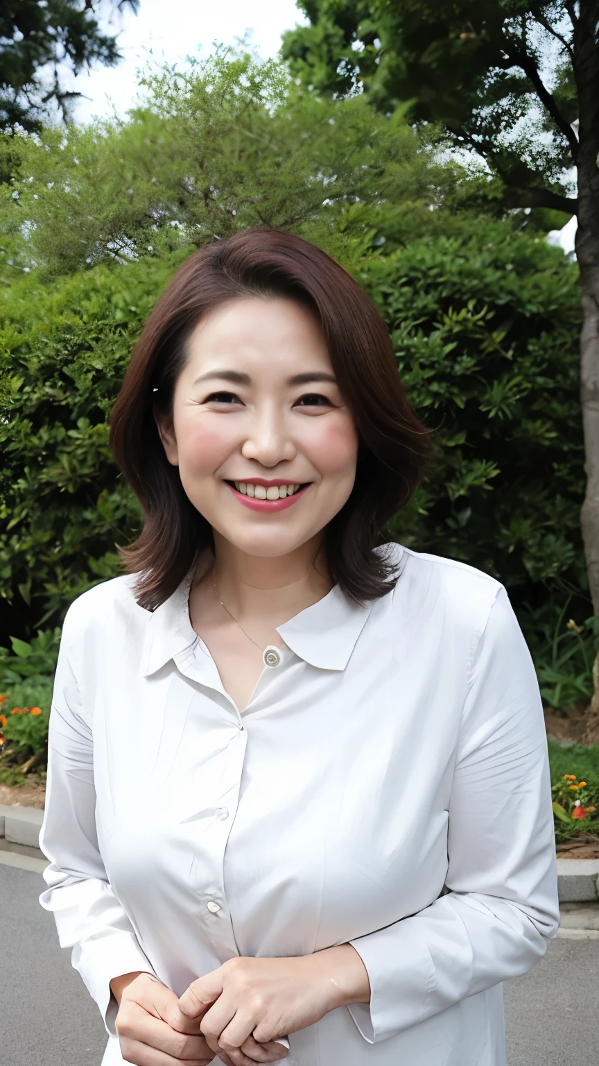 Standing in the park, Wrinkles around the eyes, Smiling with teeth showing, Plain short-sleeved clothing, senior citizen, Draw lips correctly, Red lipstick, No discomfort, 16K, Highest quality, Very detailed, Realistic, Very detailed肌, (Japanese), (alone), 100 years old, Large Breasts, , Glamour, sexy, Chromo White Skin, Staring straight ahead,