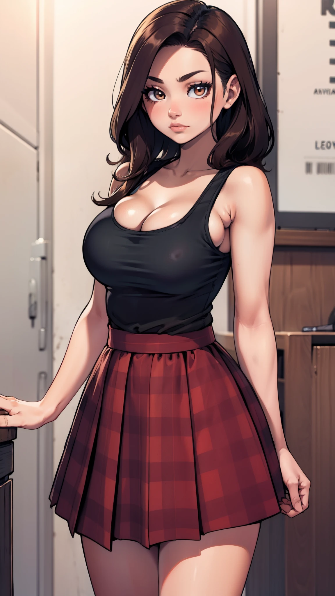 Black tank top, plaid red skirt, black socks, brown hair, brown eyes