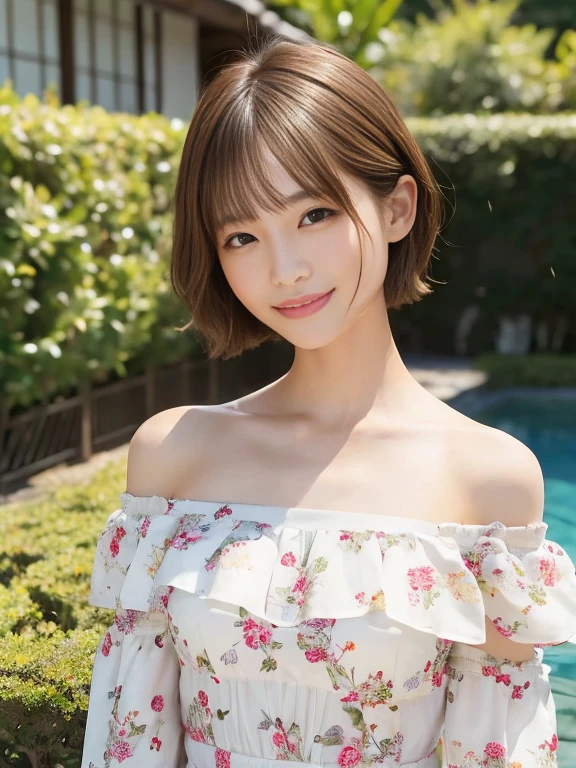 Smiling girl, (1 female), Short Bob Hair, 28 years old, Japanese, Brown eyes, Brown Hair, Slim figure, Flat Chest, 
Off-the-shoulder dress,garden,V sign