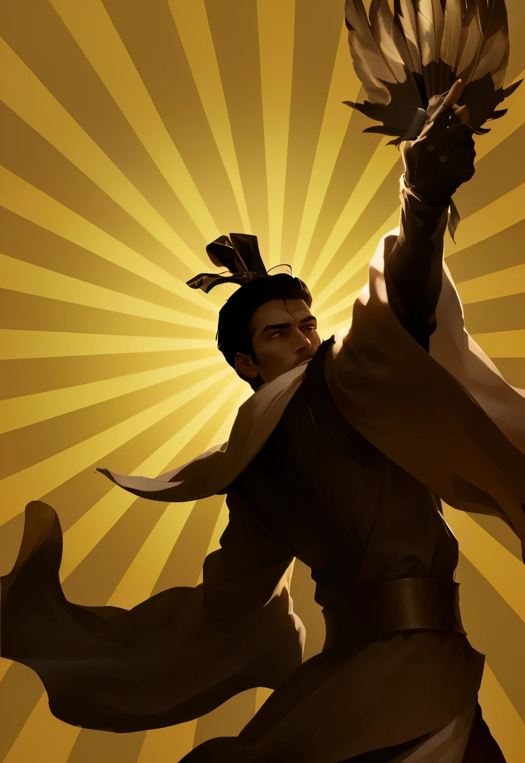man,Holding a feather fan,Wear period costumes,masterpiece, Rim Light,best quality, (Extremely detailed CG unity 8k wallpaper), (best quality), (Best Illustration), (Best shadow), absurd, Realistic lighting, (abyss), Beautiful and delicate light, Artworks by Peter Mohr Bacher,