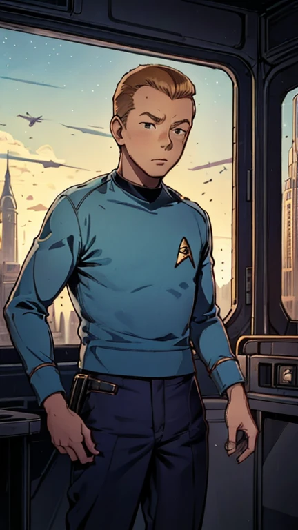 (Teens:1boy: Tintin,startrektos uniform), (extremely detailed CG unit 8k wallpaper),(master part), (best quality), (ultra detali), (best illustration),(melhor ombre), cowboy shot, (Sharp eyeliner, ombre, detailedeyes:1), Starship bridge background, ,break , (star15escola:1.2), upper body,short hair, grey hair, 1man, Tintin,1boy, blue top, brown pant