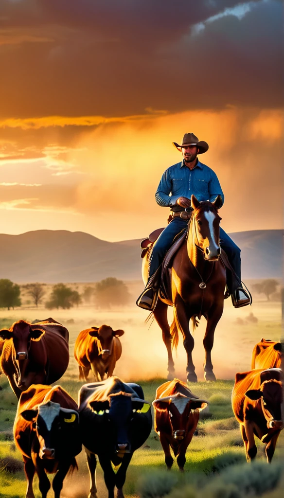 Full body shot, panoramic view, detailed portrait of a rugged cowboy on horseback herding cattle, realistic lighting and textures, dramatic sunset sky, dusty and rustic ranch landscape, (best quality,8k,highres,masterpiece:1.2),ultra-detailed,(realistic,photorealistic,photo-realistic:1.37),cowboy hat,weathered face with stubble,muscular build,focused expression,cattle herd in the background,rolling hills,golden hour lighting,dramatic clouds,vibrant colors,cinematic composition