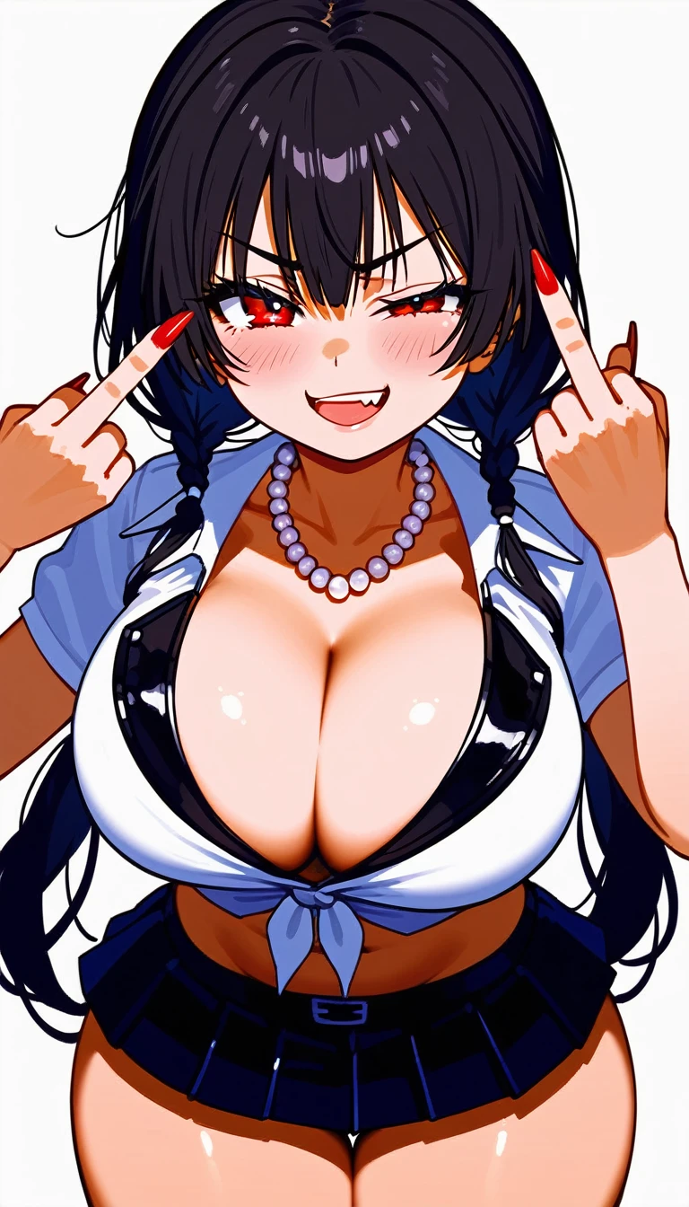 (best quality), 8k, masterpiece, cowboy shot, gyaru, blouse, leather skirt, pearl necklace, cleavage, suggestive,
BREAK,
1girl, black hair, perfect face, red eyes, ((((sanpaku eyes)))), blush, blushing, (messy pigtails), long pigtails, (pale skin), black eyeliner, long lashes, sharp nails, smug, evil,
BREAK,
, collarbone, ((big-breasts)), thick thighs, middle finger,
BREAK, simple background, white background,