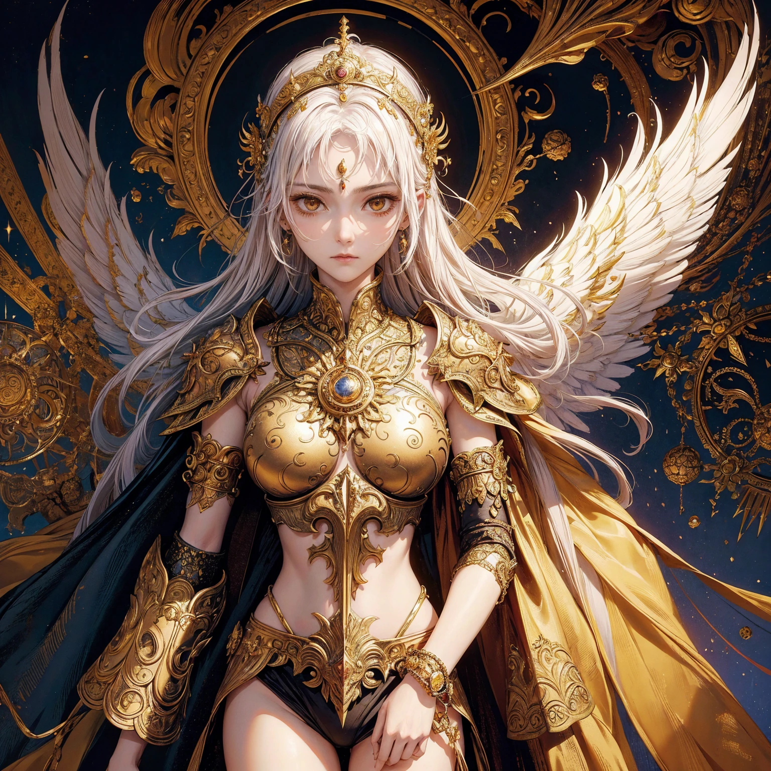 Art of woman wearing sun crown, wearing ornate breastplate that exposes a small amount of skin above the chest, a pair of armored angelic golden wings spread out behind the woman, ancient goddess art, Sacredness. Very detailed, Mysterious inspiration, Inspiration from the Sun God, Religious inspiration, Cold and snobbish face, No smile, Dangerous impersonal expressions, White hair, Standing, Full body portrait, Gothic art style, Weird art style, Occult art