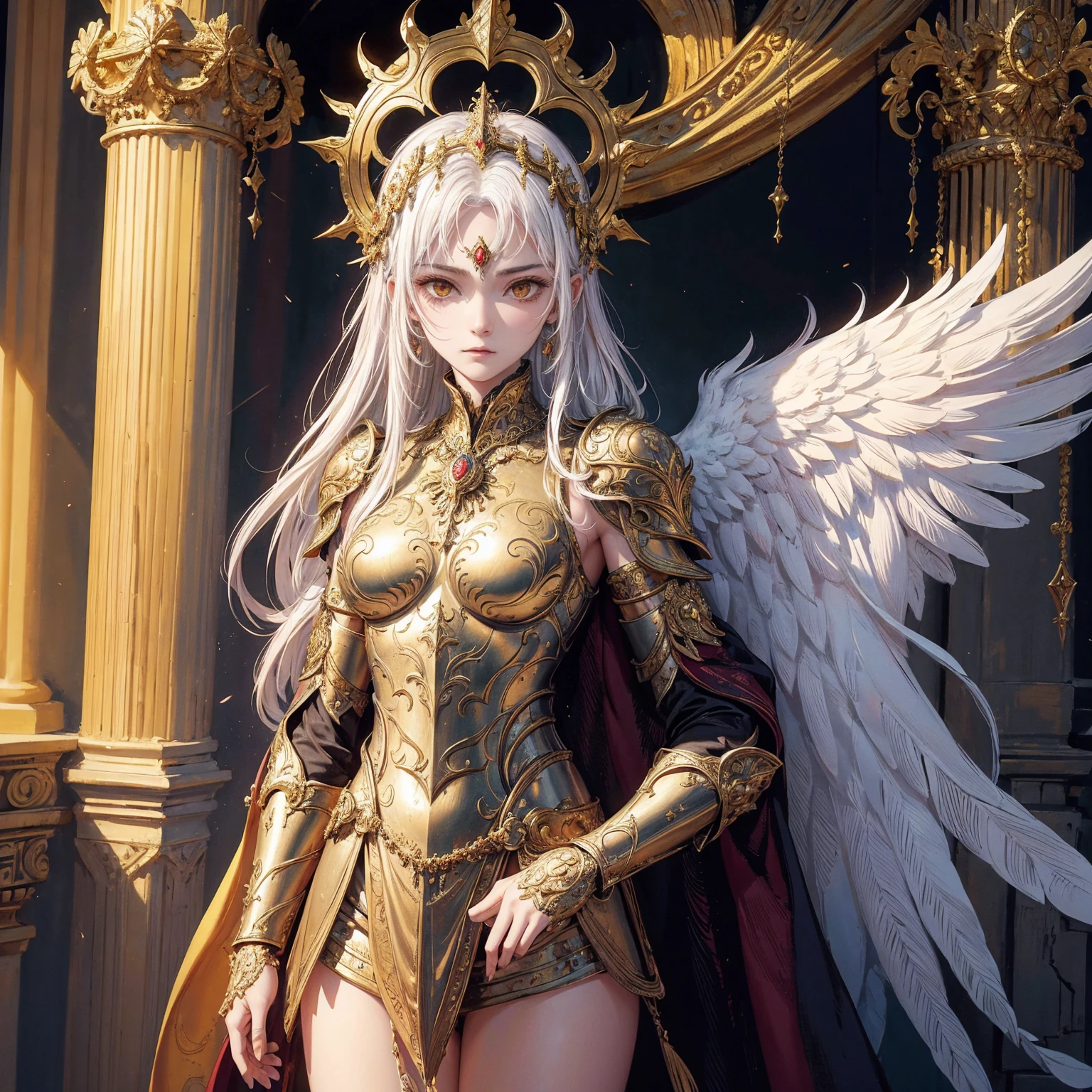 Art of woman wearing sun crown, wearing ornate breastplate that exposes a small amount of skin above the chest, a pair of armored angelic golden wings spread out behind the woman, ancient goddess art, Sacredness. Very detailed, Mysterious inspiration, Inspiration from the Sun God, Religious inspiration, Cold and snobbish face, No smile, Dangerous impersonal expressions, White hair, Standing, Full body portrait, Gothic art style, Weird art style, Occult art